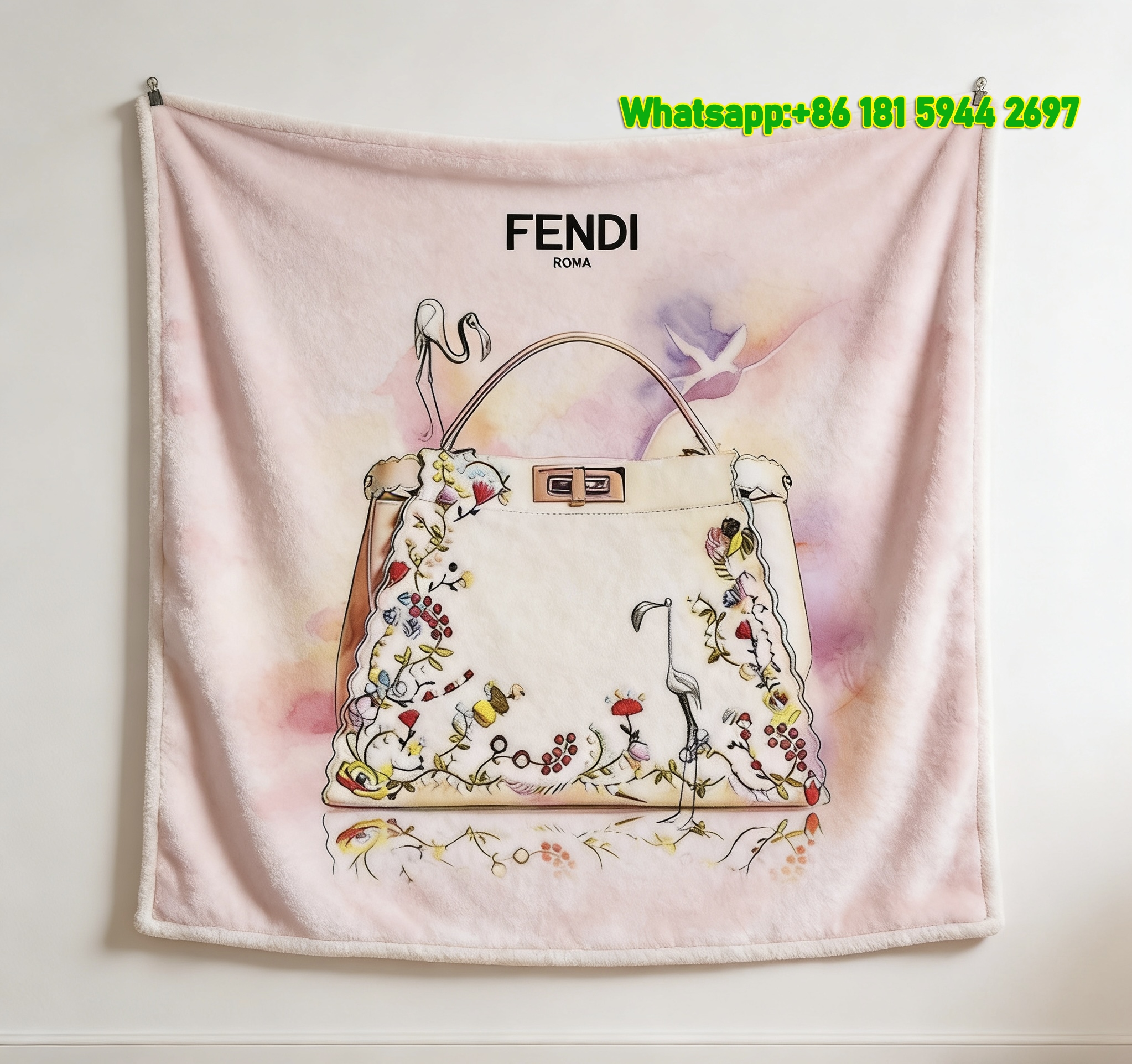 Fendi Embroidered Peacock Floral Handbag Watercolor Flannel Throw Blanket IMG_9607